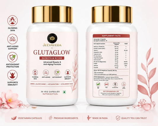 Glutathione Capsules for Skin Glow | JEEVAVEDA GLUTAGLOW with NAC, Vitamin C, Astaxanthin, Hyaluronic Acid, Ceramide & CoQ10 | Beauty & Anti-Aging Supplement | 60 Veg Capsules