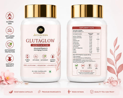 Glutathione Capsules for Skin Glow | JEEVAVEDA GLUTAGLOW with NAC, Vitamin C, Astaxanthin, Hyaluronic Acid, Ceramide & CoQ10 | Beauty & Anti-Aging Supplement | 60 Veg Capsules