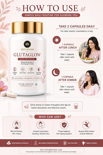 Glutathione Capsules for Skin Glow | JEEVAVEDA GLUTAGLOW with NAC, Vitamin C, Astaxanthin, Hyaluronic Acid, Ceramide & CoQ10 | Beauty & Anti-Aging Supplement | 60 Veg Capsules