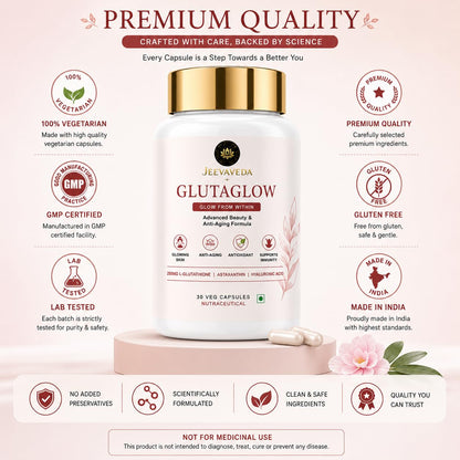 Glutathione Capsules for Skin Glow | JEEVAVEDA GLUTAGLOW with NAC, Vitamin C, Astaxanthin, Hyaluronic Acid, Ceramide & CoQ10 | Beauty & Anti-Aging Supplement | 60 Veg Capsules